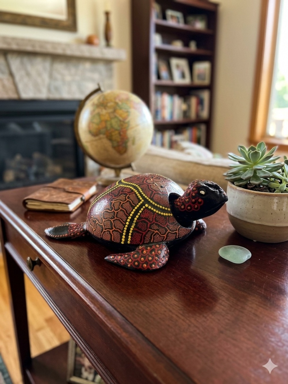Hand-Painted Red & Yellow Turtle Figurine for Reptile Decor. Folk Art